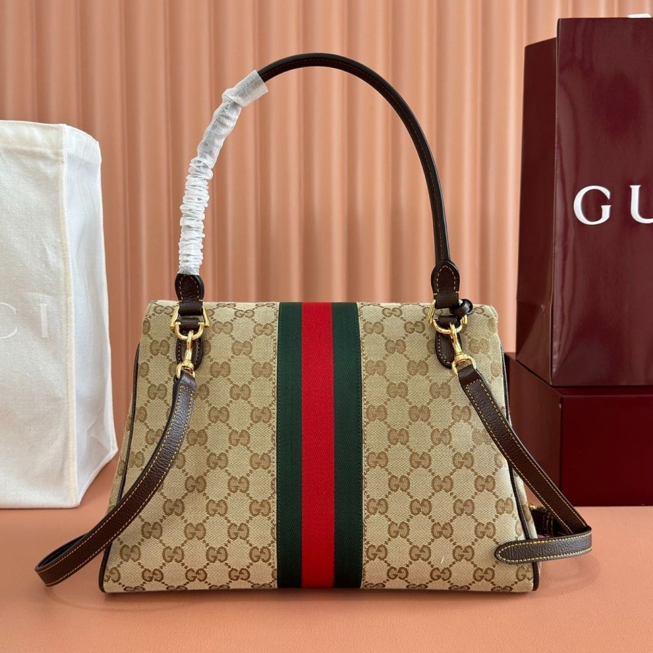 Gucci Paparazzo Medium Top Handle Bag Beige Ebony GG Canvas With Web Stripe 32Cm - Image 4
