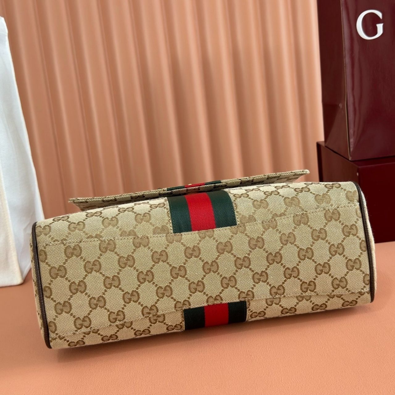 Gucci Paparazzo Medium Top Handle Bag Beige Ebony GG Canvas With Web Stripe 32Cm - Image 6
