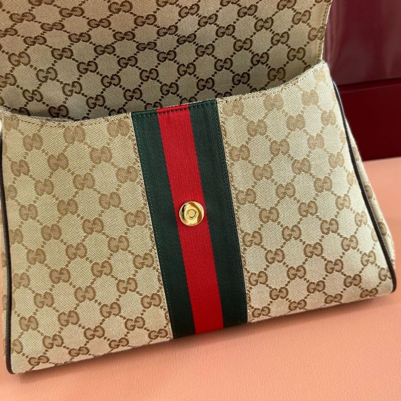Gucci Paparazzo Medium Top Handle Bag Beige Ebony GG Canvas With Web Stripe 32Cm - Image 7