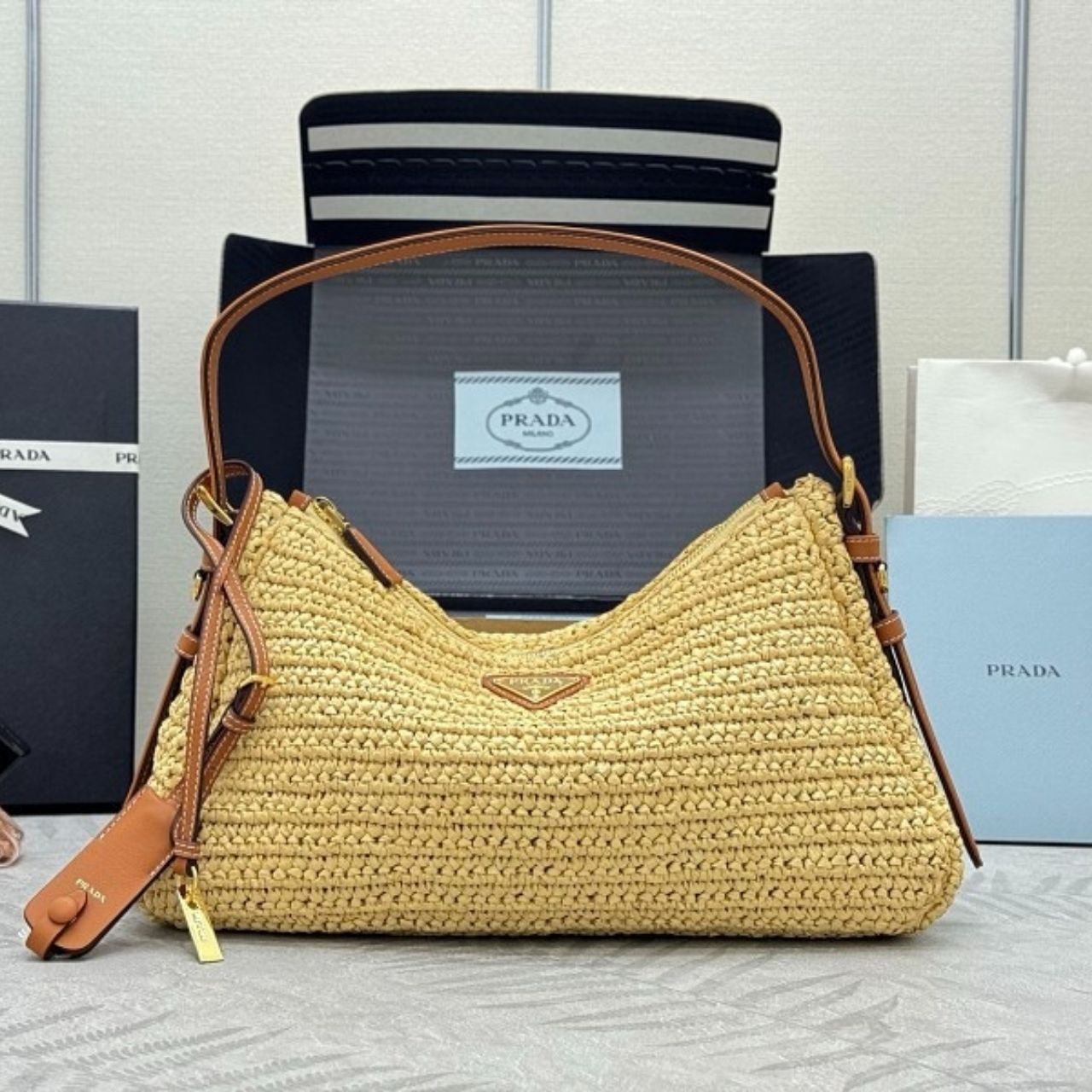 Prada Aimee Large Crochet Shoulder Bag Natural 34Cm 1BC247 2MG3 F0018 V OOO - Image 5