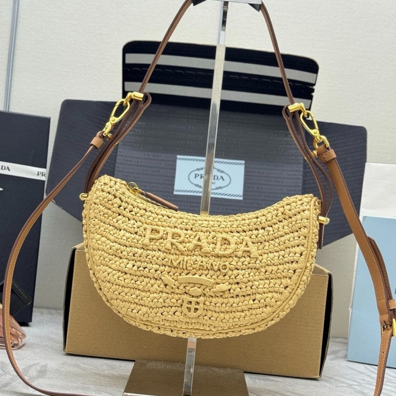 Prada Arque Crochet Shoulder Bag Natural 22cm 1BC194 2M2T F0018 V OUO - Image 5