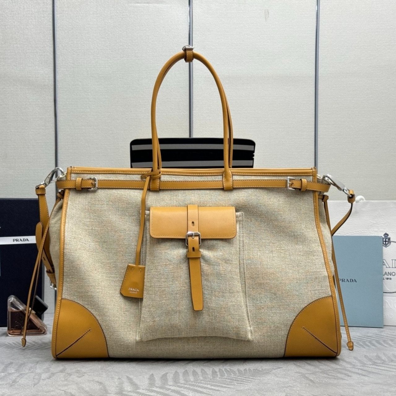 Prada Bonnie Large Linen Tote Bag Natural 50Cm 2VG128 P0E F032T V OTO - Image 3
