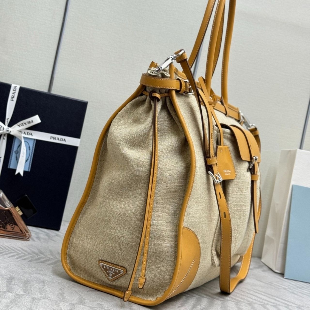 Prada Bonnie Large Linen Tote Bag Natural 50Cm 2VG128 P0E F032T V OTO - Image 6