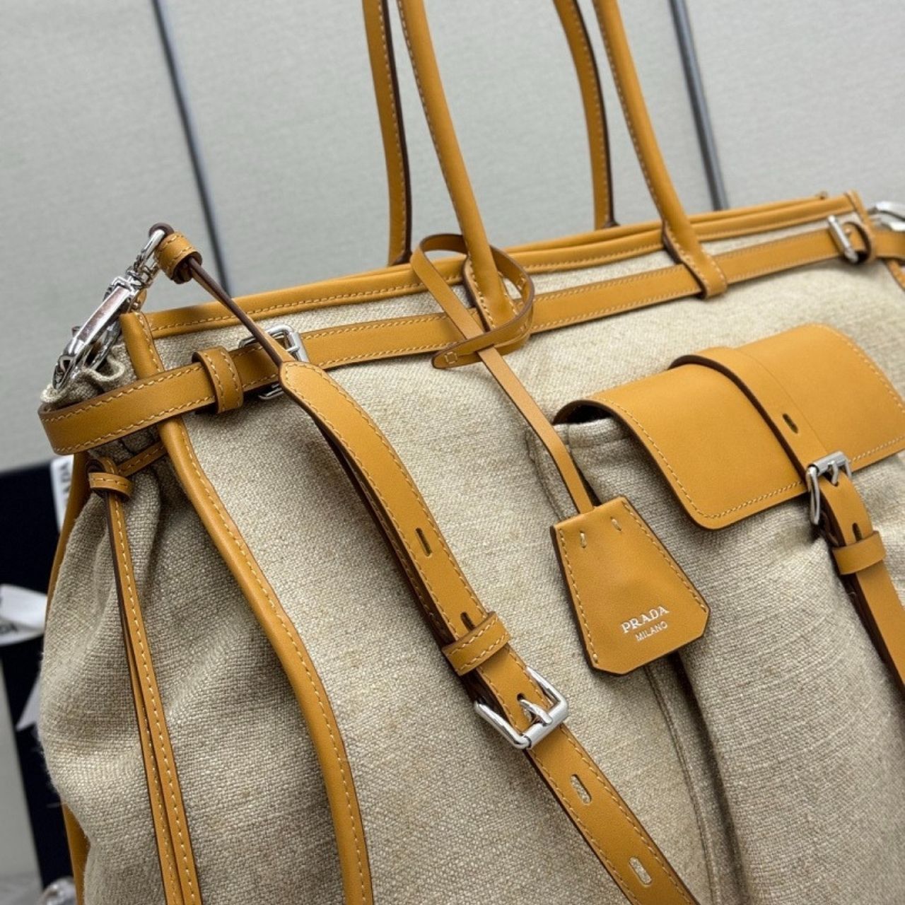 Prada Bonnie Large Linen Tote Bag Natural 50Cm 2VG128 P0E F032T V OTO - Image 8