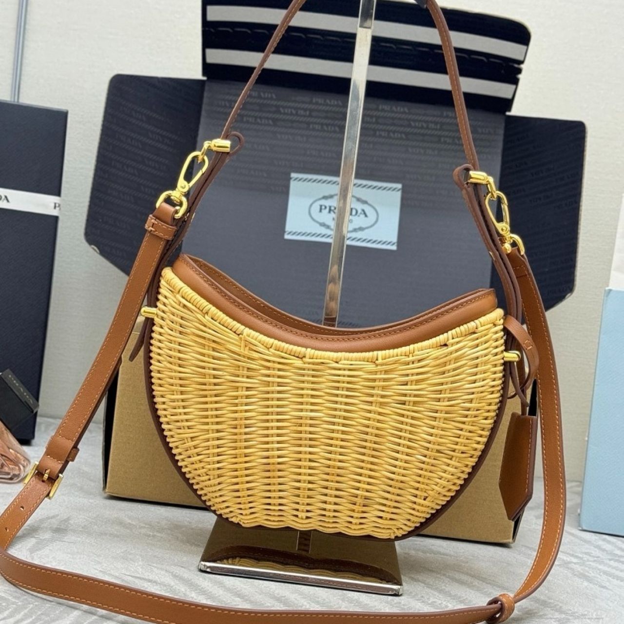 Prada Arque Wicker And Leather Shoulder Bag Natural 22Cm 1BC202 2CYF F0018 V OOO - Image 5