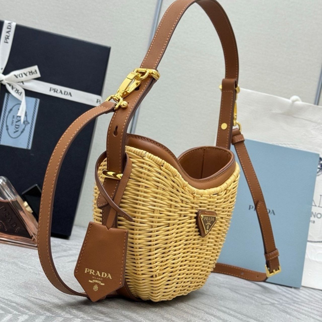 Prada Arque Wicker And Leather Shoulder Bag Natural 22Cm 1BC202 2CYF F0018 V OOO - Image 3