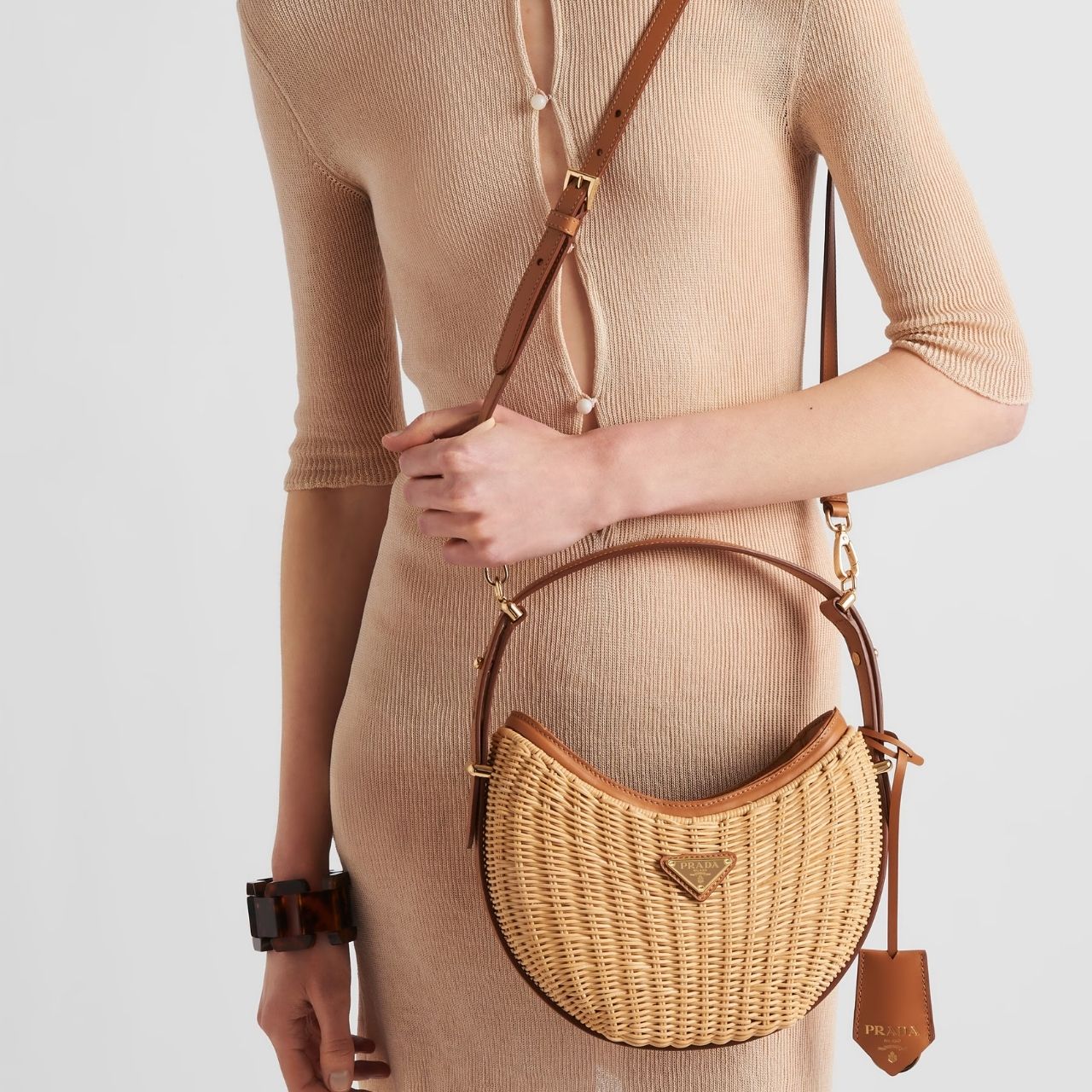 Prada Arque Wicker And Leather Shoulder Bag Natural 22Cm 1BC202 2CYF F0018 V OOO - Image 2