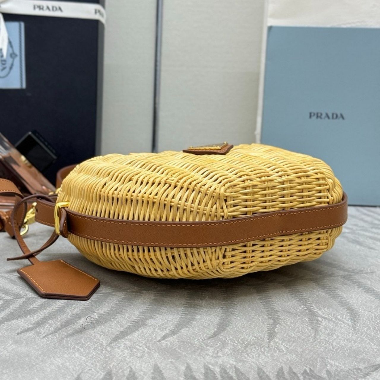 Prada Arque Wicker And Leather Shoulder Bag Natural 22Cm 1BC202 2CYF F0018 V OOO - Image 6