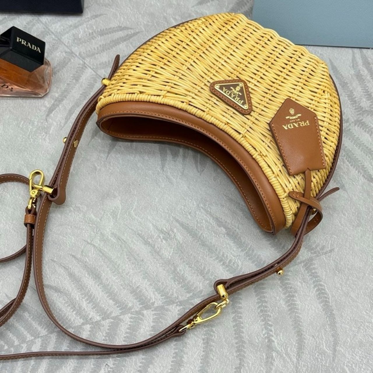 Prada Arque Wicker And Leather Shoulder Bag Natural 22Cm 1BC202 2CYF F0018 V OOO - Image 8