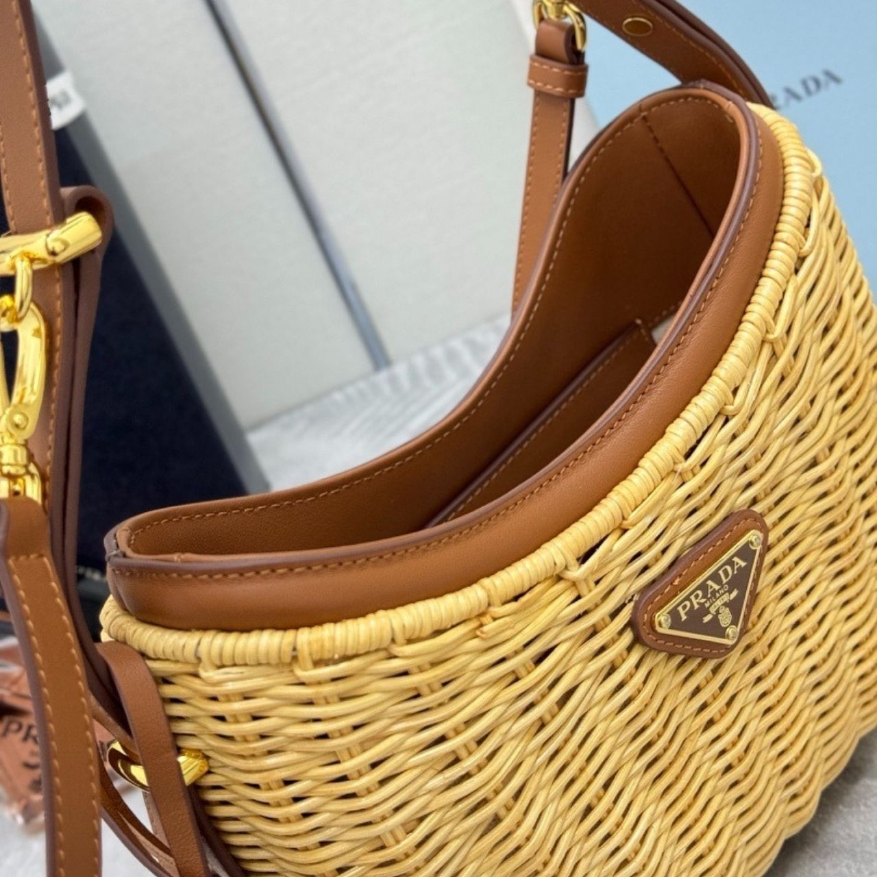 Prada Arque Wicker And Leather Shoulder Bag Natural 22Cm 1BC202 2CYF F0018 V OOO - Image 10