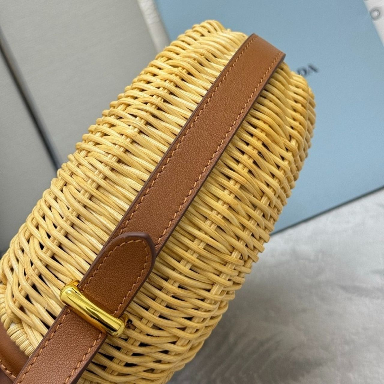 Prada Arque Wicker And Leather Shoulder Bag Natural 22Cm 1BC202 2CYF F0018 V OOO - Image 9