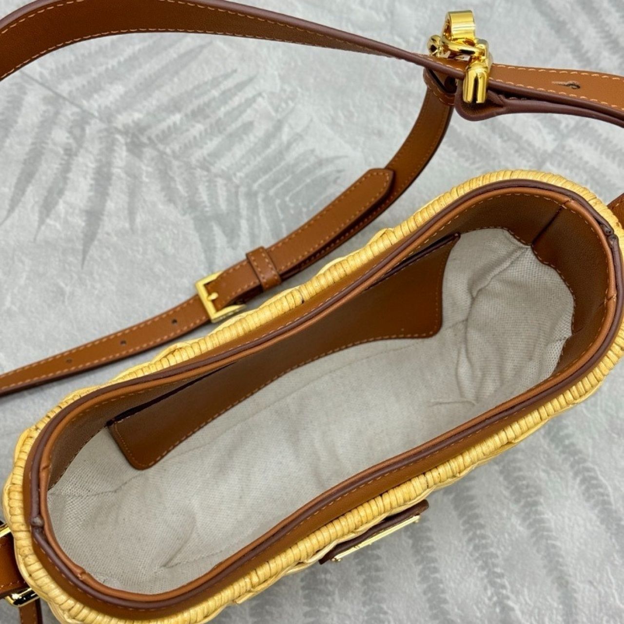 Prada Arque Wicker And Leather Shoulder Bag Natural 22Cm 1BC202 2CYF F0018 V OOO - Image 7