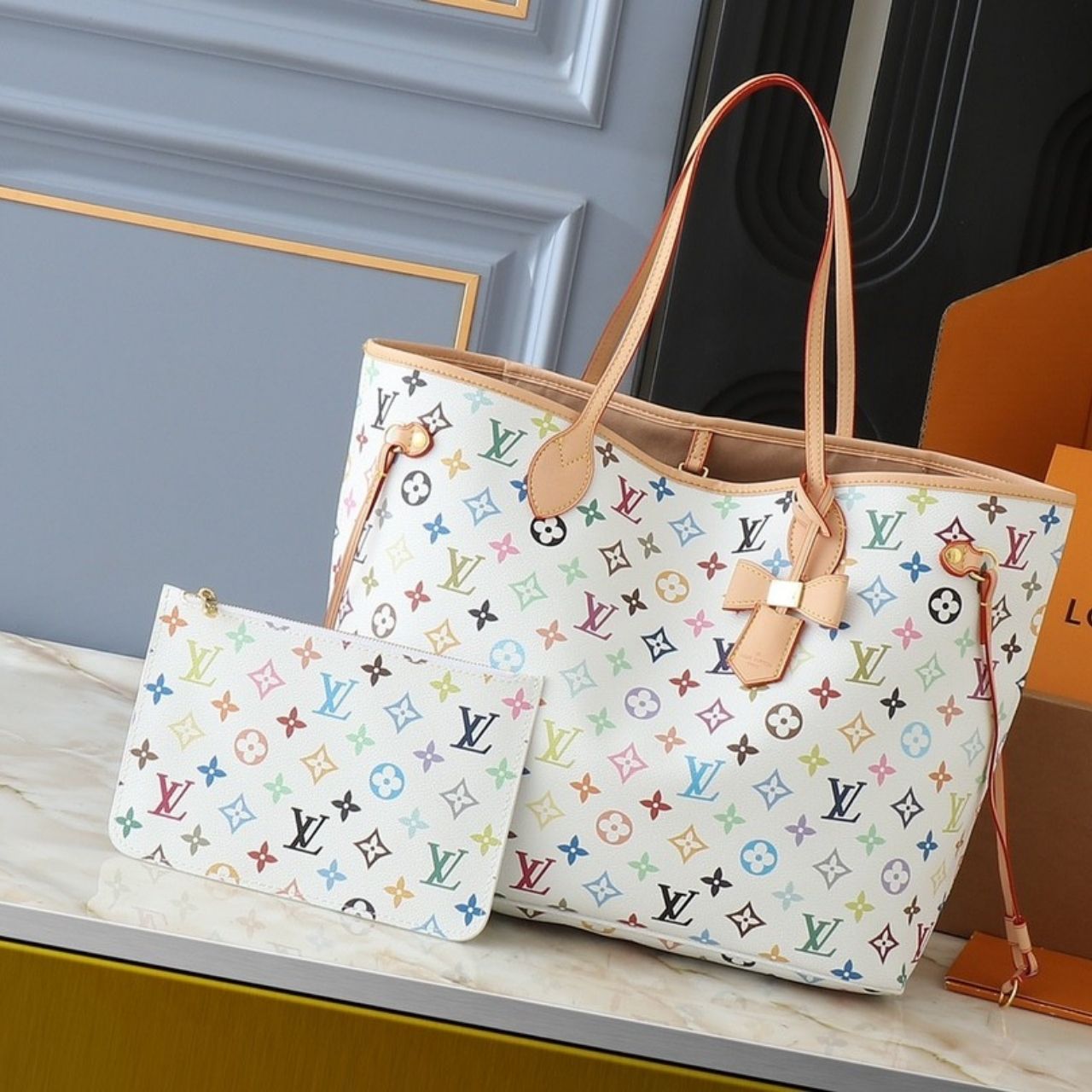 Louis Vuitton x Takashi Murakami Neverfull MM Multicolor White 31cm - Image 3
