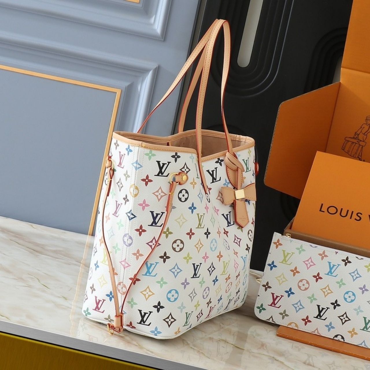 Louis Vuitton x Takashi Murakami Neverfull MM Multicolor White 31cm - Image 5