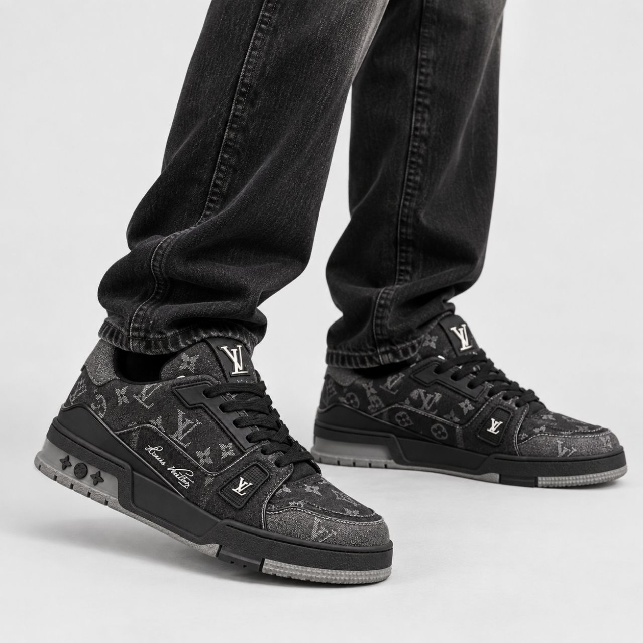 Louis Vuitton LV Trainer Monogram Denim Black Gray Sneakers - Image 2