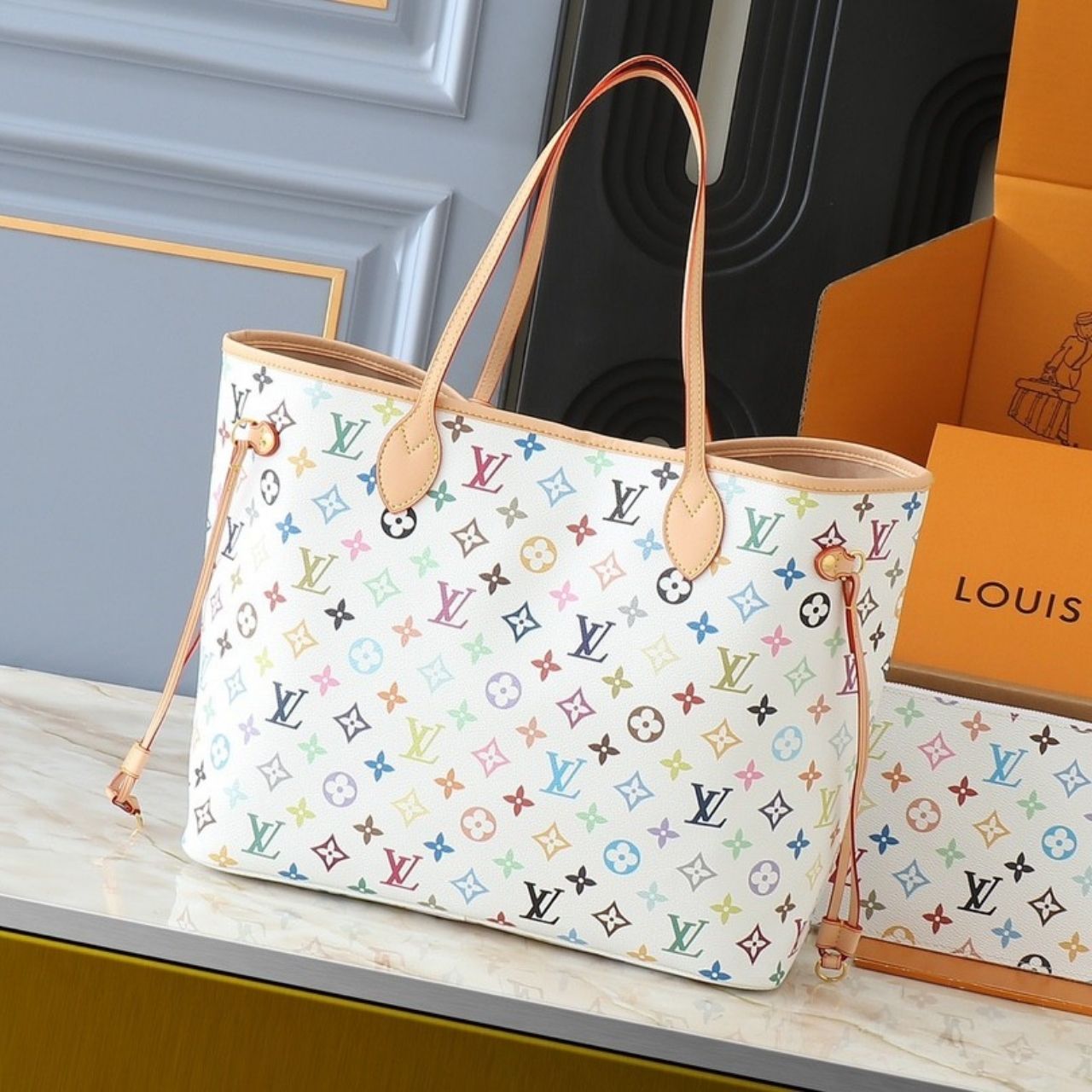 Louis Vuitton x Takashi Murakami Neverfull MM Multicolor White 31cm - Image 4