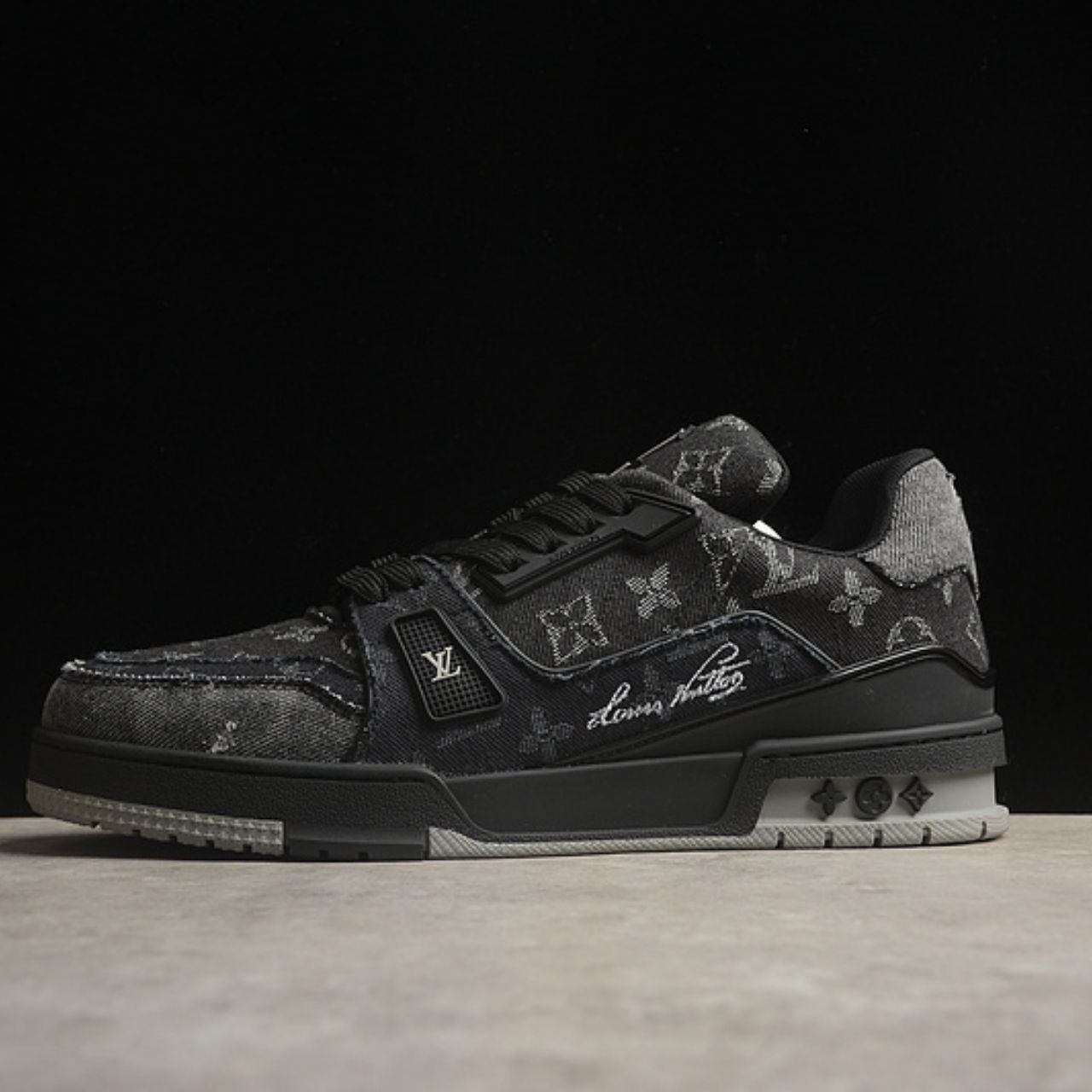 Louis Vuitton LV Trainer Monogram Denim Black Gray Sneakers - Image 4