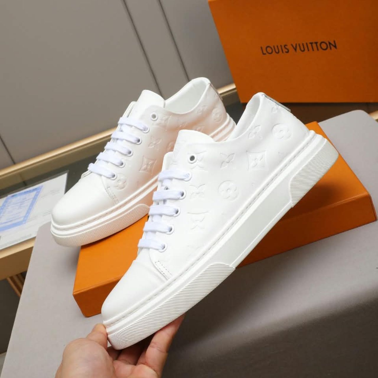 Louis Vuitton Monogram Embossed Low Top Sneakers White - Image 9