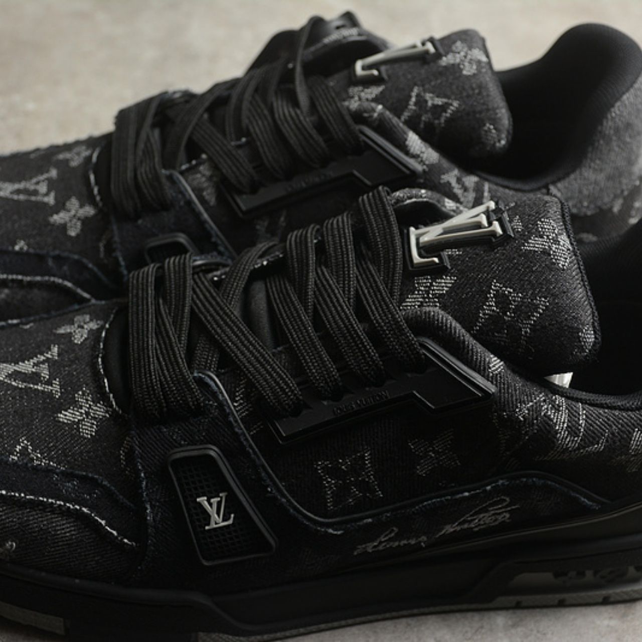 Louis Vuitton LV Trainer Monogram Denim Black Gray Sneakers - Image 9