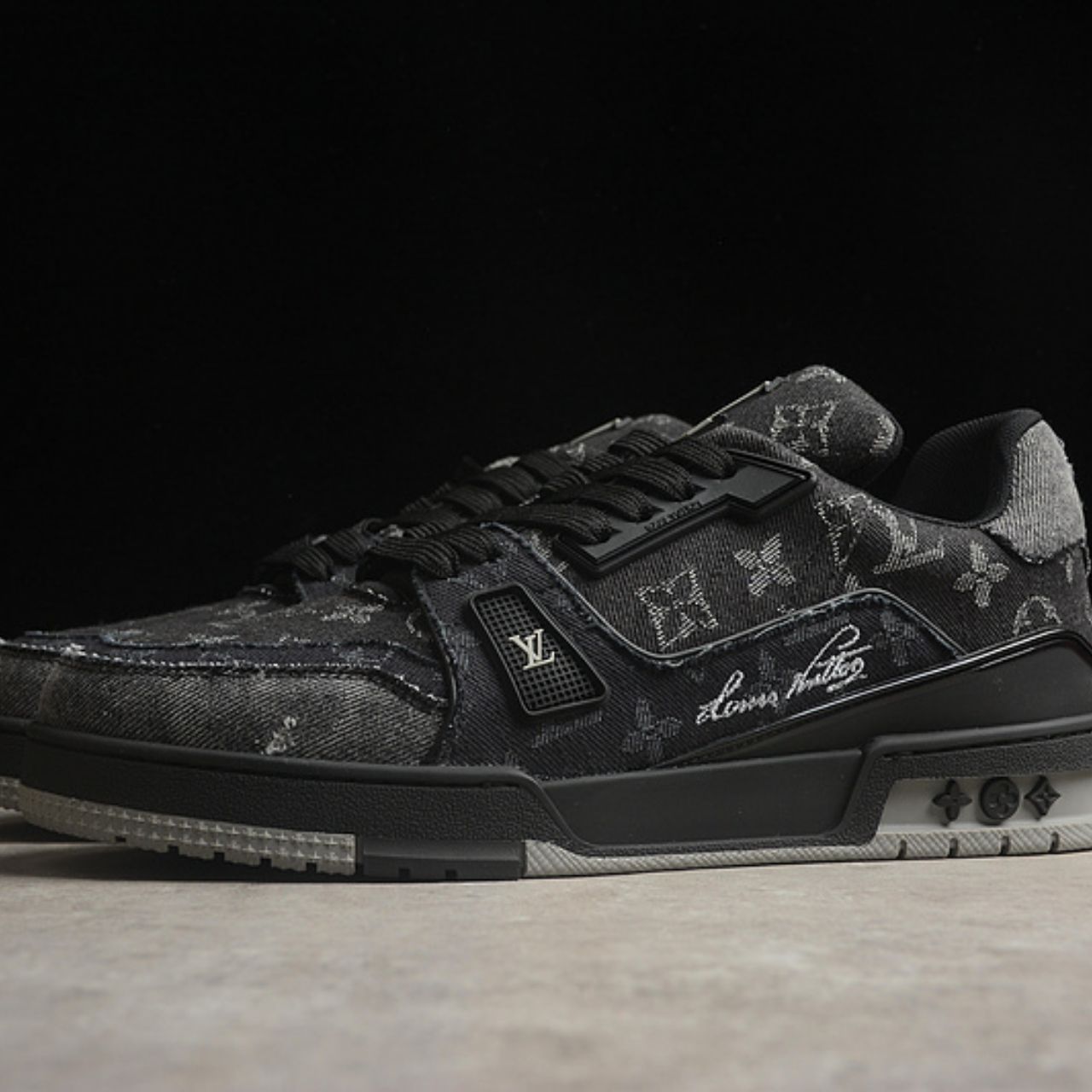 Louis Vuitton LV Trainer Monogram Denim Black Gray Sneakers - Image 3
