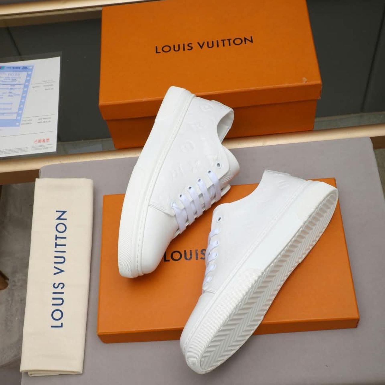 Louis Vuitton Monogram Embossed Low Top Sneakers White - Image 4