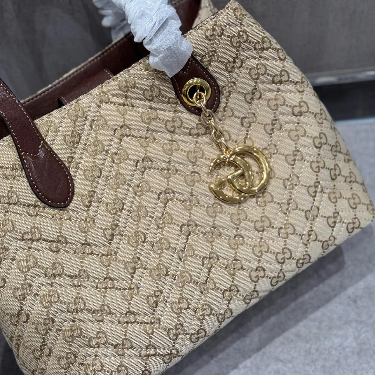 Gucci GG Marmont Medium Tote Bag Sand And Dark Brown 30cm - Image 8
